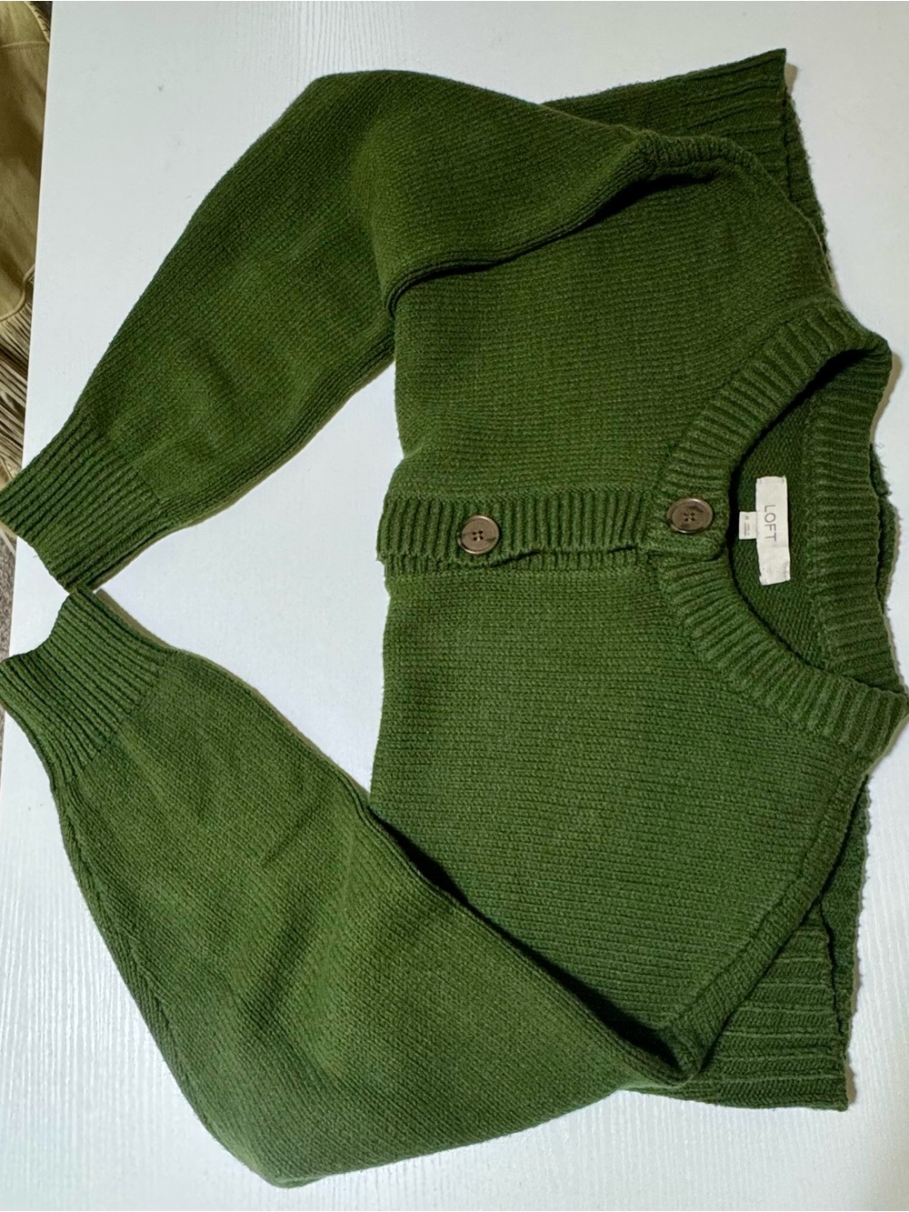 LOFT Olive Green Button-Front Crewneck Sweater